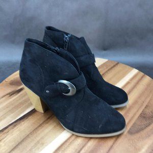 Maurices Black Buckle Faux Suede Block Heel Booties Ankle Boots Womens Size 6 M